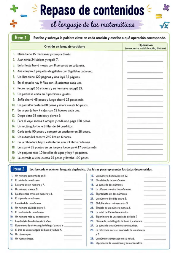 Lenguaje algebraico repaso de contenidos