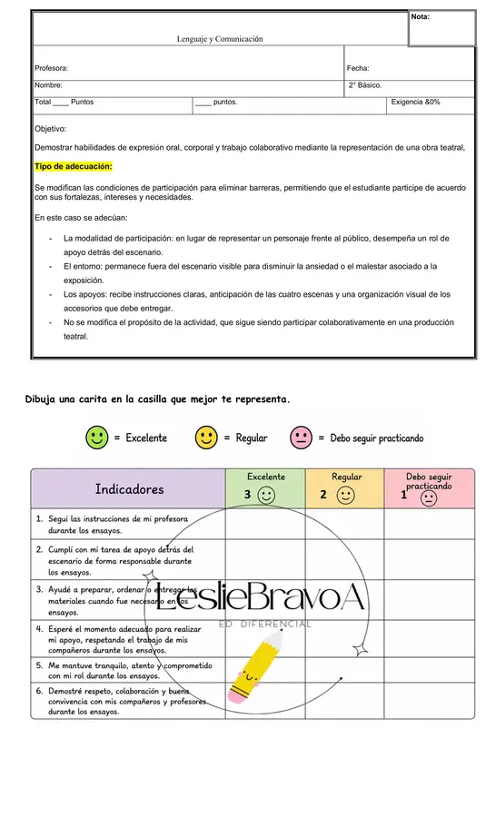 🎭📋 Pauta de Evaluación + Autoevaluación con Adecuación Curricular para Obra de Teatro