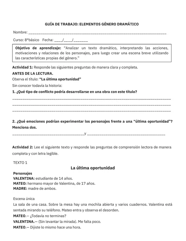 Guía de Trabajo: Género Dramático – Comprensión Lectora y Creación