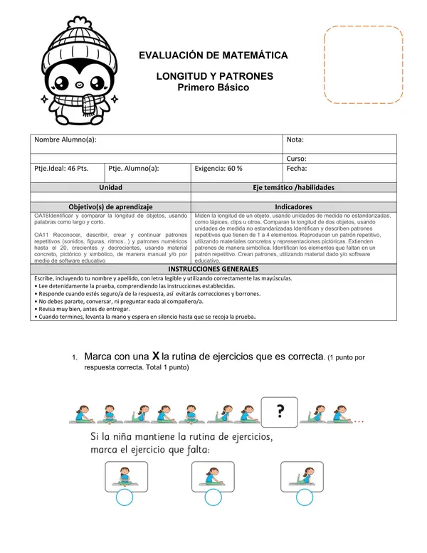 Prueba editable Word Matemática Unidad medida y patrones Primer año básico