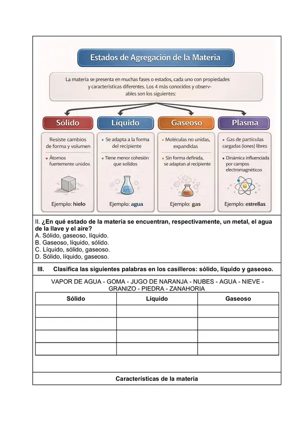 Guia de materia, propiedades, estados de la materia, masa y volumen.
