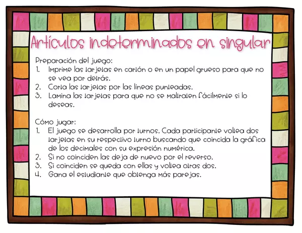 Juego Memoria Artículos Indeterminados en Singular en Español