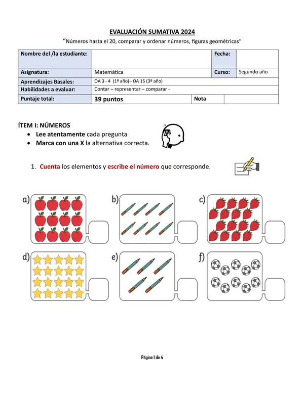 PRUEBA NÚMEROS HASTA EL 20 Y FIGURAS GEOMÉTRICAS