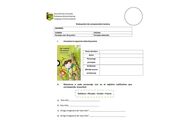 Evaluacion comprensiòn de lectura