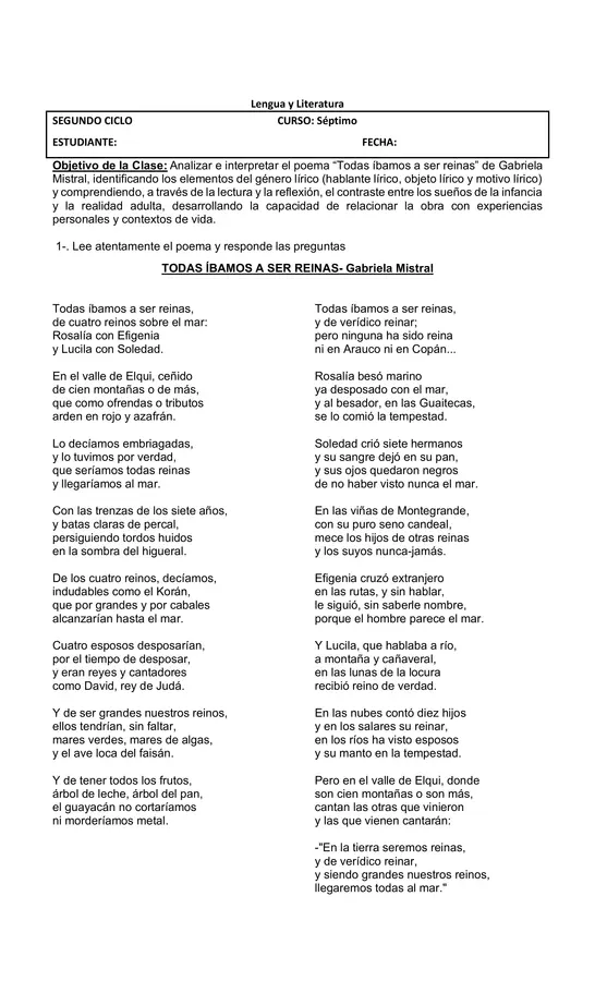 Guía de análisis y comprensión lectora de poema Todas ibamos a ser Reinas