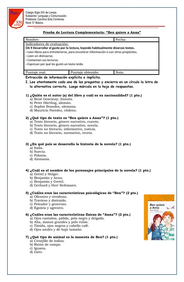 Prueba de Lectura Complementaria "Ben quiere a Anna"