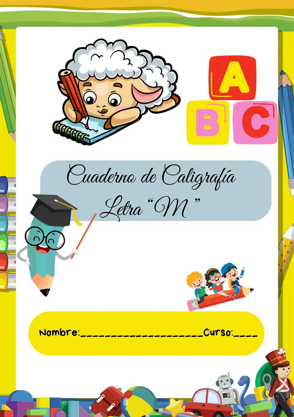 Cuaderno de caligrafía de la letra "M" manuscrita lineal 
