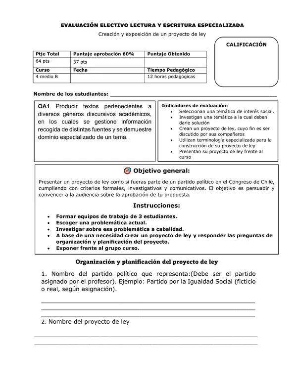 Pauta para  evaluación de proyecto de ley.