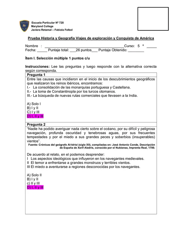 Prueba expediciones y conquista de américa: quinto básico