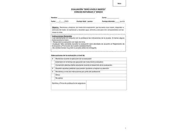 Evaluación seres vivos y no vivos