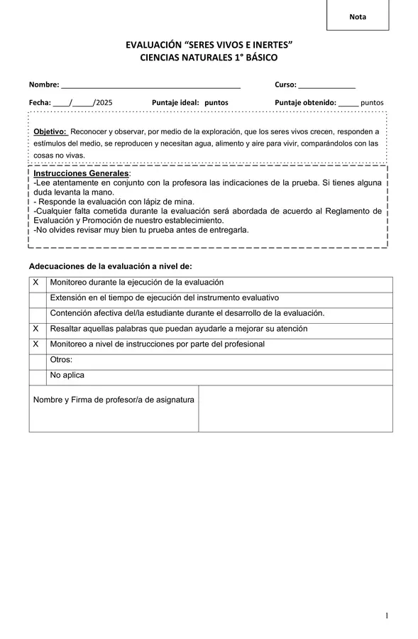 Evaluación seres vivos y no vivos