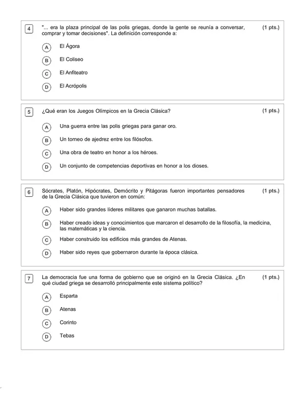Evaluación Historia Unidad 2: Antigüedad Clásica, Legado Helénico. 7° Básico