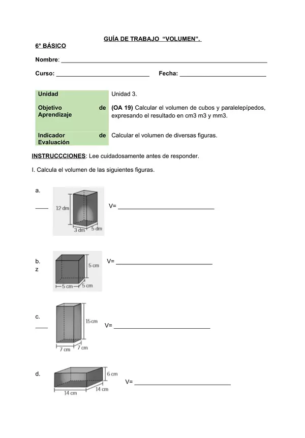 GUIA VOLUMEN, SEXTO BASICO UNIDAD 3