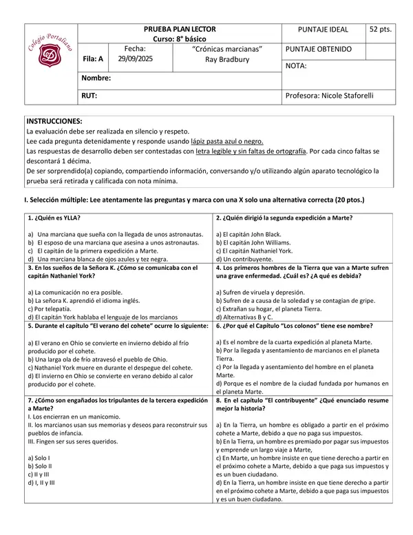 Evaluación plan lector "Crónicas marcianas"
