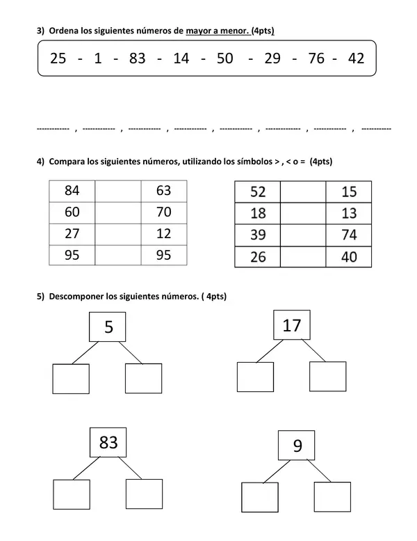 Evaluación números hasta 100 2° básico