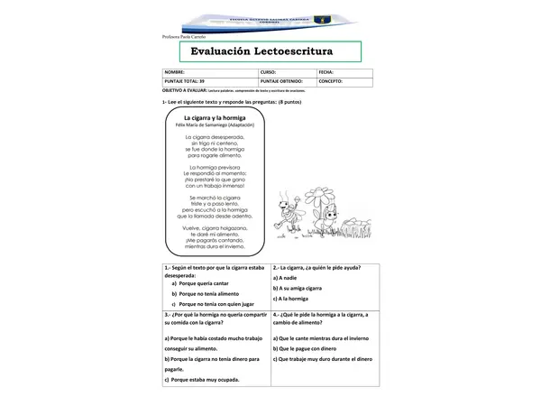 Evaluación lectoescritura