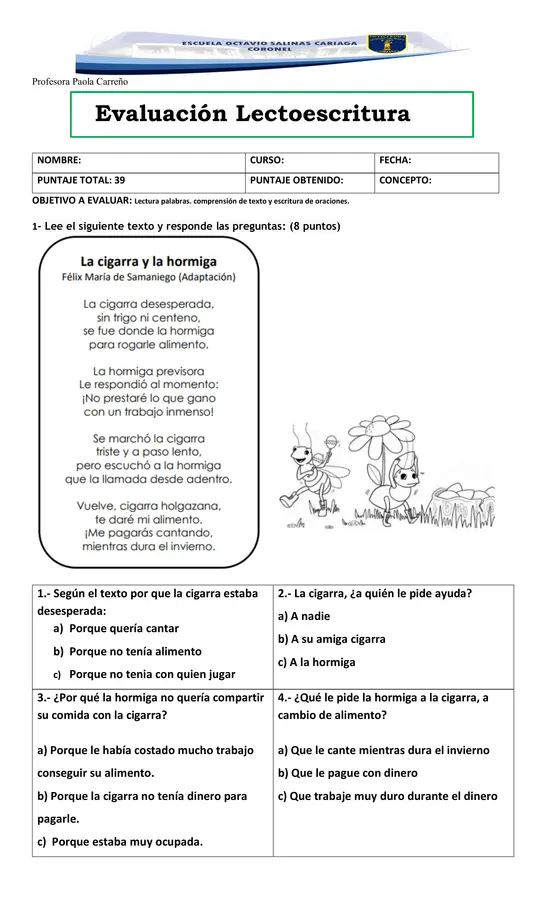 Evaluación lectoescritura