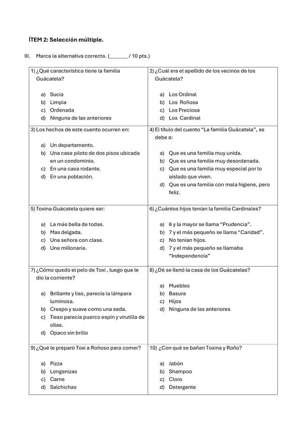 Evaluación libro La familia Guacátela.
