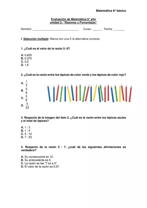 Evaluación de matemática 6° año, unidad: "Razones y Porcentajes"