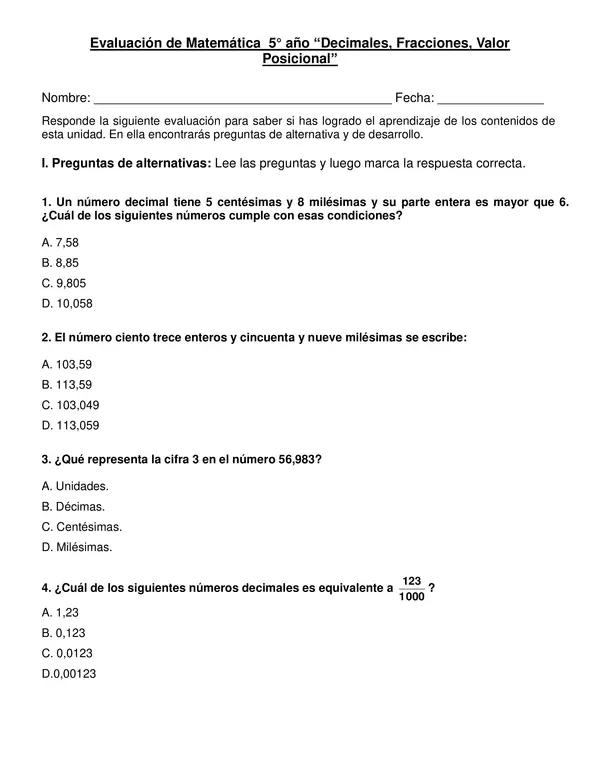 Evaluación "Fracciones, decimales y valor posicional" 5° año