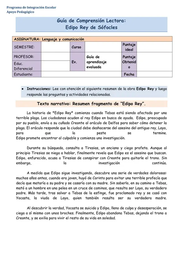 Comprensión Lectora: Edipo Rey