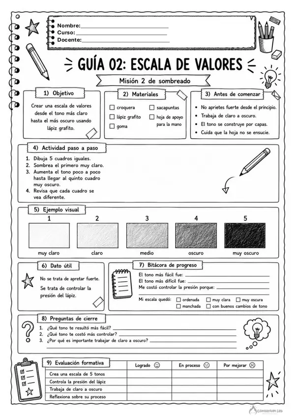 Set de 10 Guías sobre "Sombreado" - Artes Visuales 6° Básico a IV° Medio.