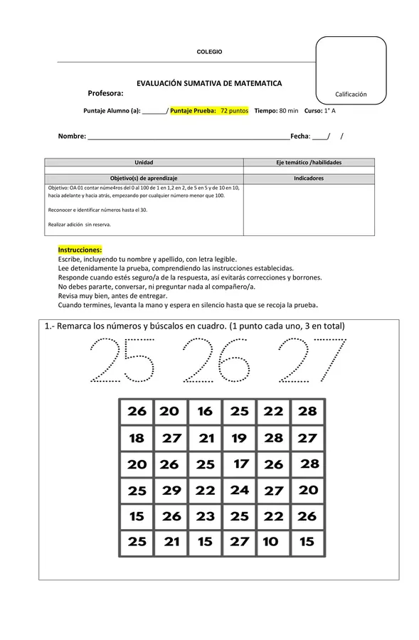 Evaluación Matemática primero básico 