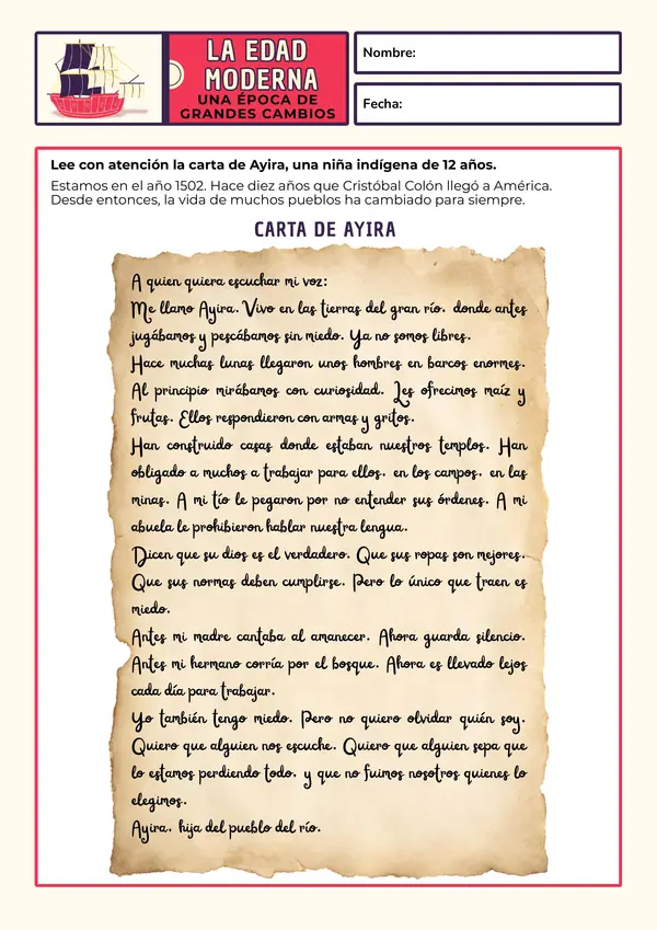 Actividad escribir una carta a una niña indígena del siglo XVI