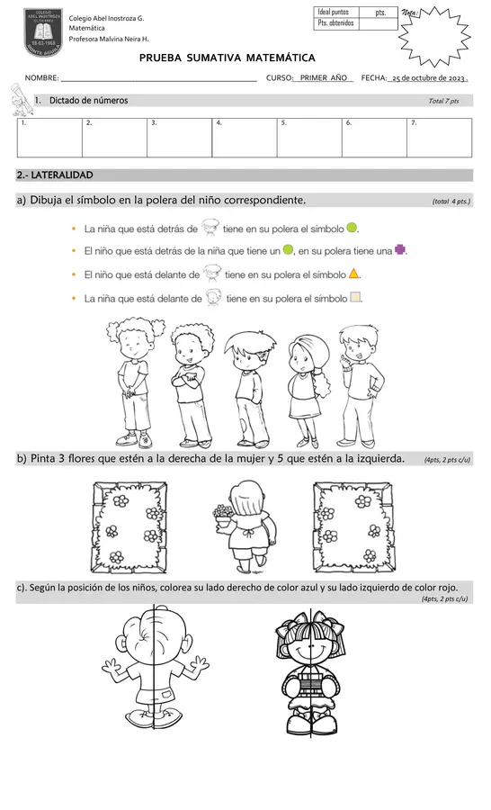 Prueba matemática (sumas y restas, lateralidad y secuencias)