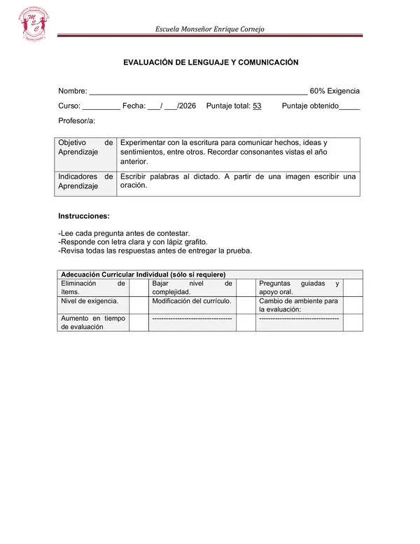 Evaluación dictado de oraciones