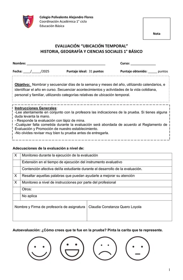 evaluación Categorías de ubicación temporal