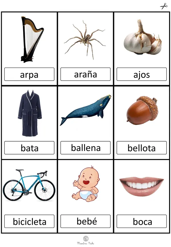 Tarjetas de elementos con inicial A-Z. Imprenta-minúscula.