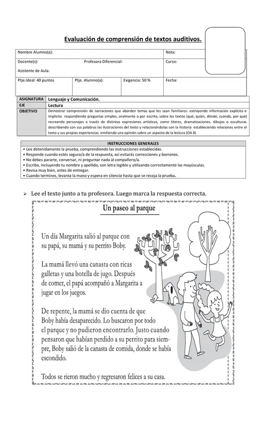 Evaluación de comprensión de textos.