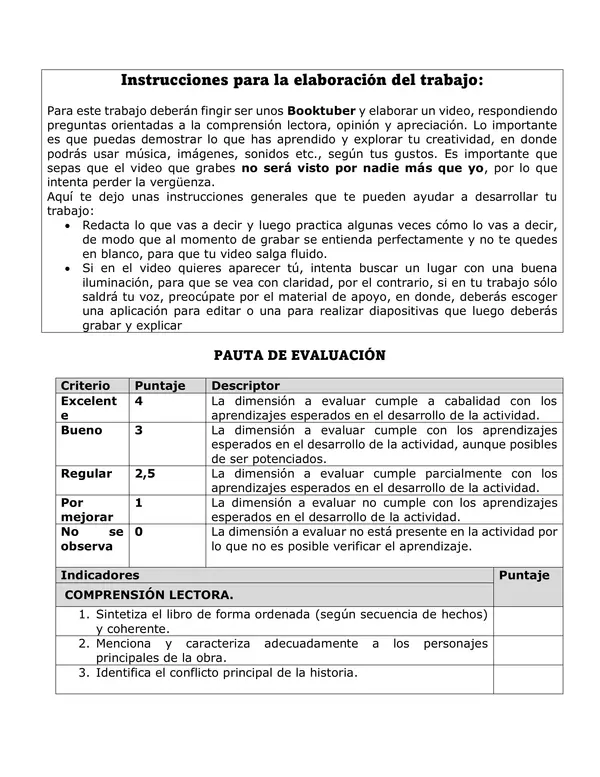 Pauta para evaluar plan lector: BOOKTUBERS