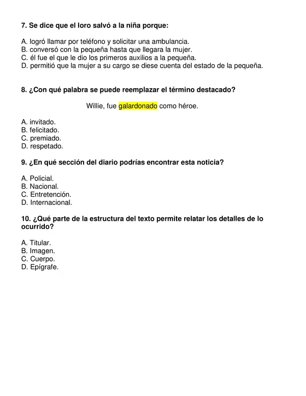 Evaluación Primer Semestre lenguaje tipo Simce, Tercer año