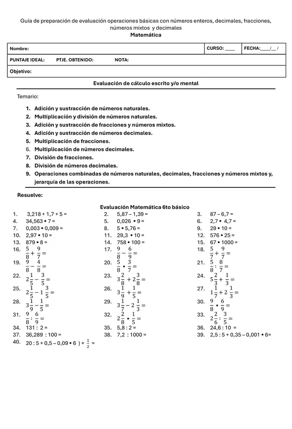 Operaciones básicas con decimales, fracciones, números mixtos, enteros