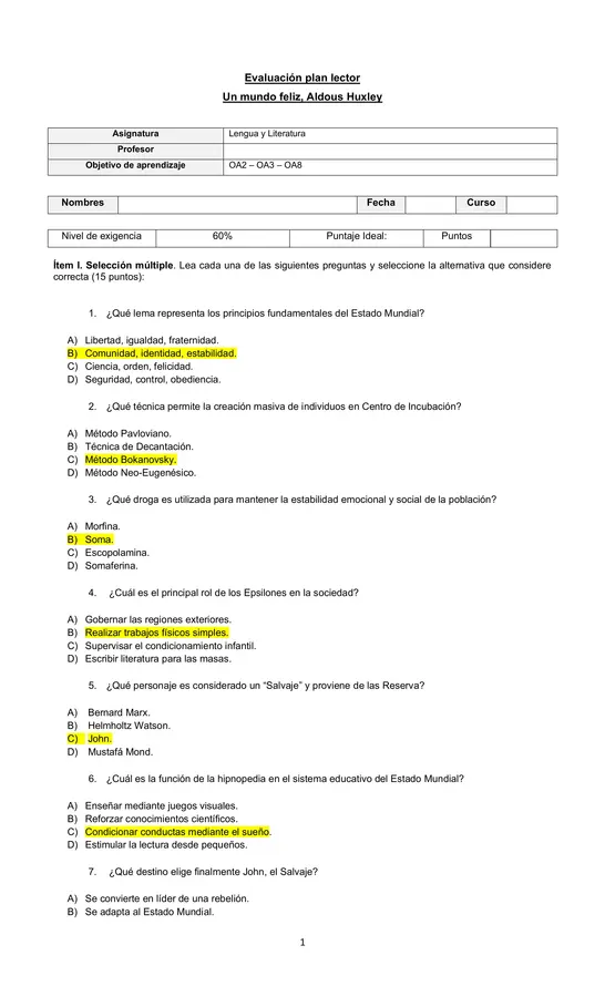 Evaluación - Control lector: Un mundo feliz