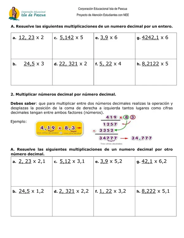 Guía multiplicación con decimales