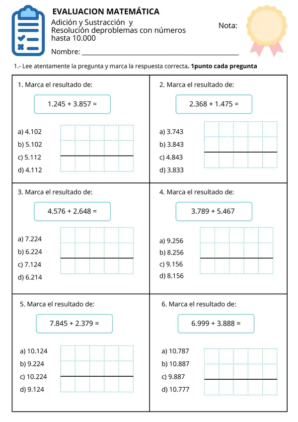 Prueba sumas, restas, resolución de problemas