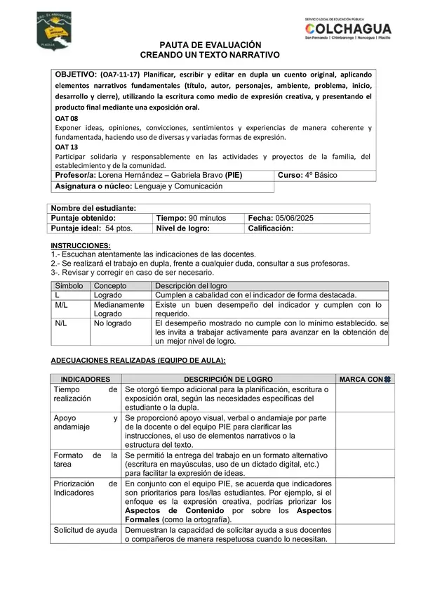 Pauta de Evaluación - Creando un texto Narrativo