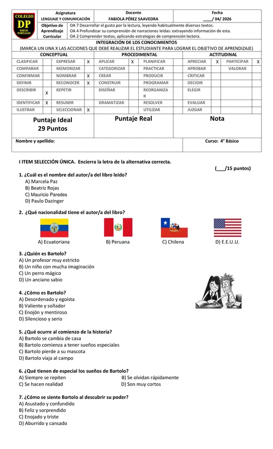 EVALUACIÓN PLAN LECTOR: LOS SUEÑOS MÁGICOS DE BARTOLO