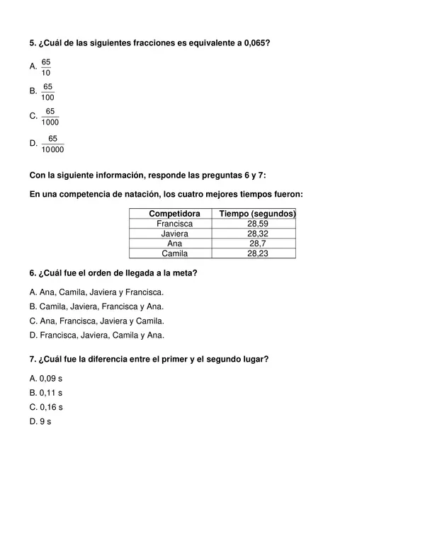 Evaluación "Fracciones, decimales y valor posicional" 5° año