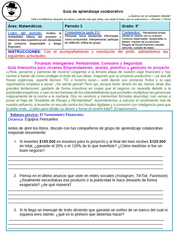 Educación financiera 9° 3/4:  Finanzas Inteligentes: Rentabilidad, Consumo y Seguridad