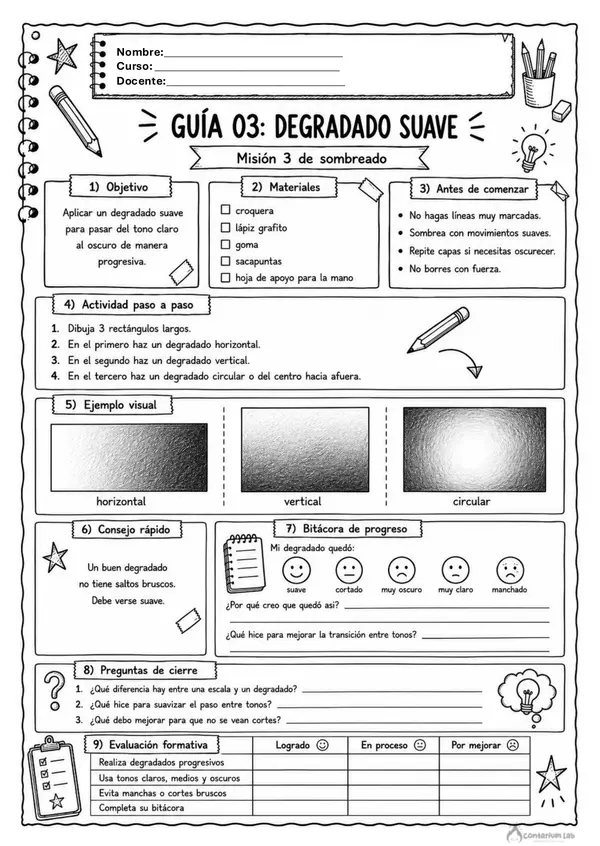 Set de 10 Guías sobre "Sombreado" - Artes Visuales 6° Básico a IV° Medio.