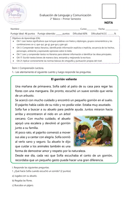Evaluación de Lenguaje y Comunicación 2° Básico | 1° Semestre |Rúbrica de Desempeño | PDF Imprimible