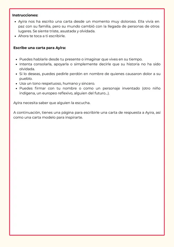 Actividad escribir una carta a una niña indígena del siglo XVI