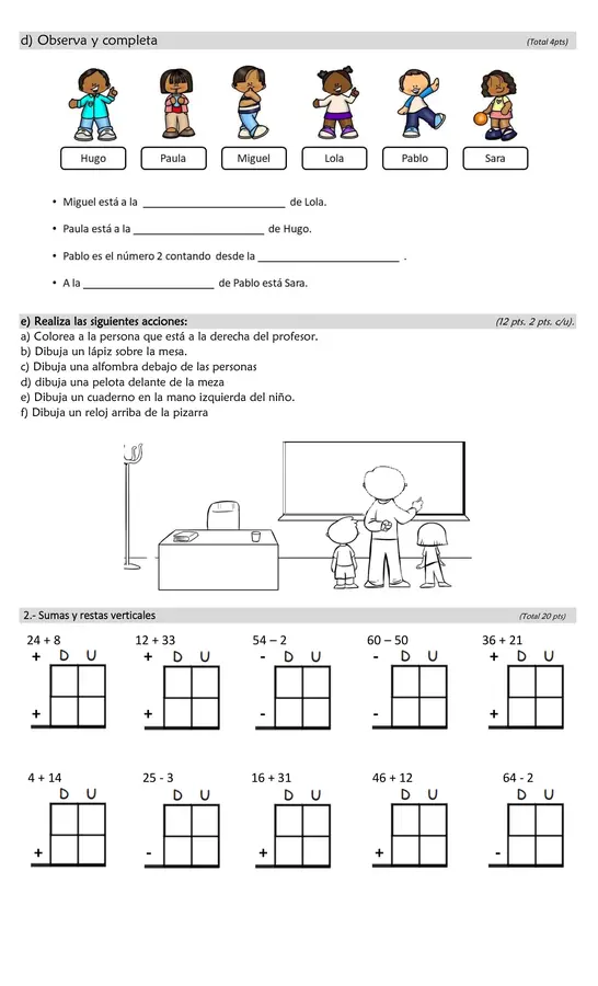 Prueba matemática (sumas y restas, lateralidad y secuencias)