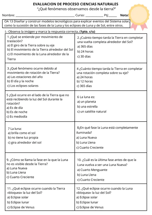 Evaluación de Ciencias: Eclipses y Fenómenos Astronómicos