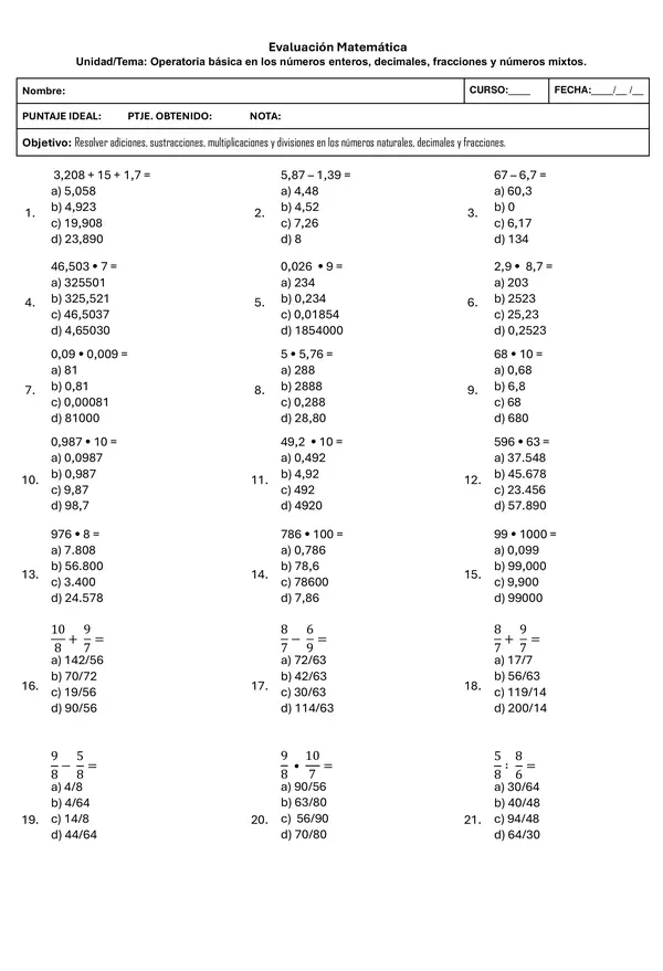 Operaciones básicas con decimales, fracciones, números mixtos, enteros