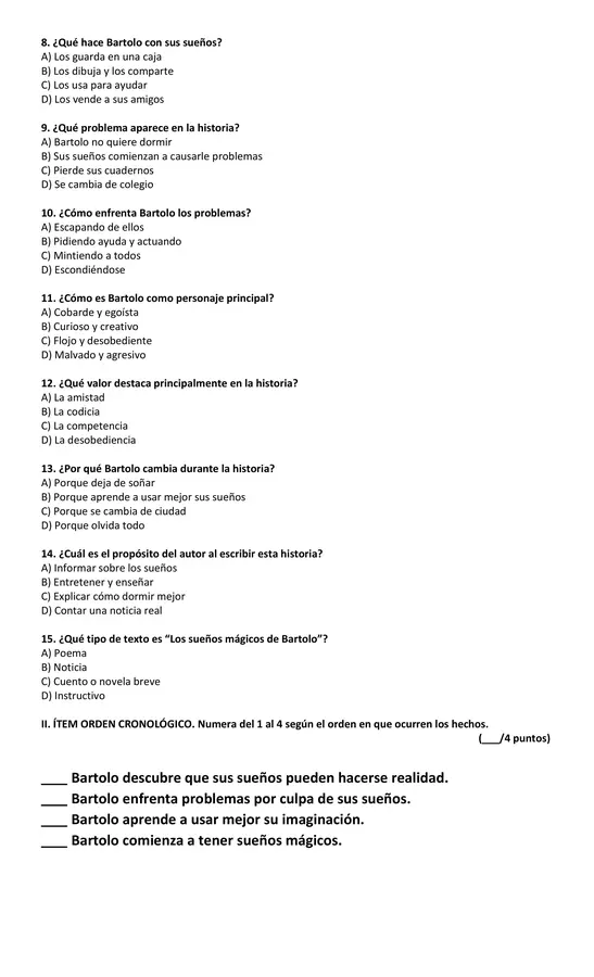 EVALUACIÓN PLAN LECTOR: LOS SUEÑOS MÁGICOS DE BARTOLO